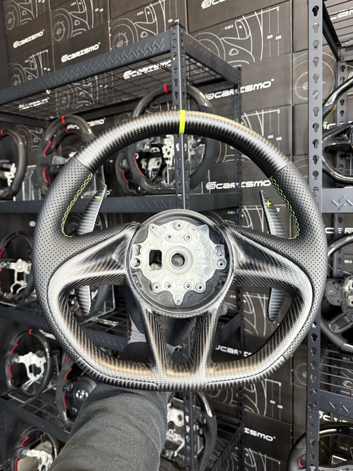 [Made to Order] McLaren Super Series - OEM Shape - Matte Carbon - Perforated Leather - Lime Green Stitching - Lime Green Stripe