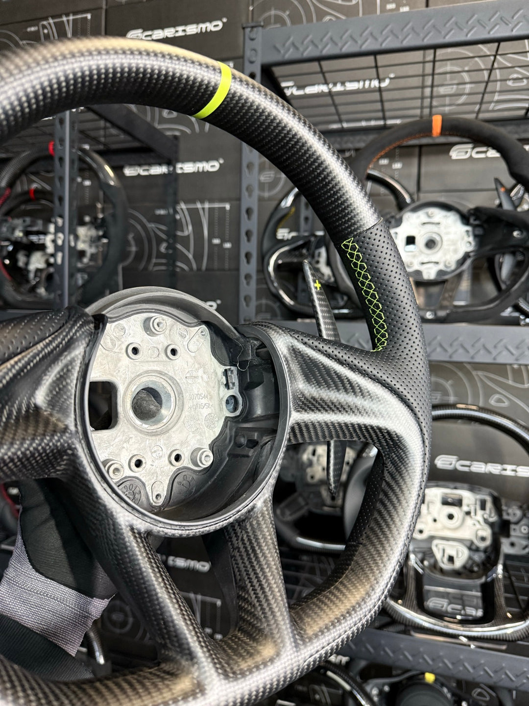 [Made to Order] McLaren Super Series - OEM Shape - Matte Carbon - Perforated Leather - Lime Green Stitching - Lime Green Stripe