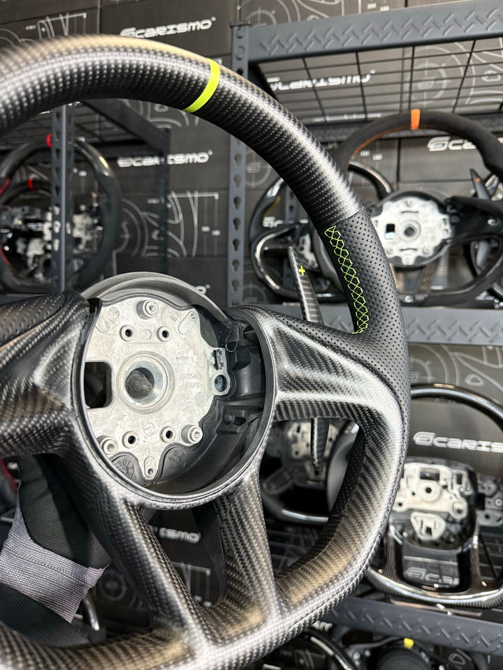 [Made to Order] McLaren Super Series - OEM Shape - Matte Carbon - Perforated Leather - Lime Green Stitching - Lime Green Stripe