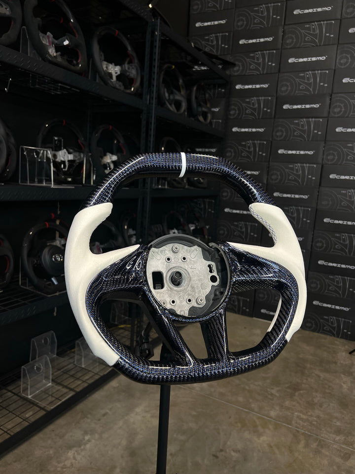 [Made to Order] McLaren Super Series - Signature - Gloss Carbon with Blue Thread - White Alcantara - Blue Stitching - White Stripe