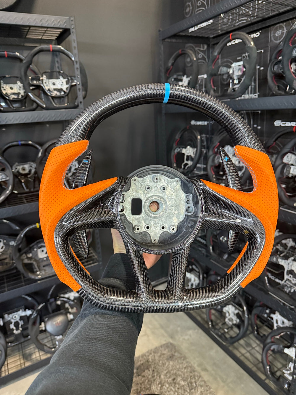 [Made to Order] McLaren Super Series - Sport - Gloss Carbon - Orange Perforated Leather - Light Blue Stitching - Light Blue Stripe
