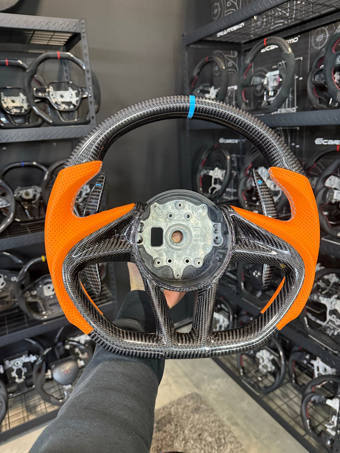 [Made to Order] McLaren Super Series - Sport - Gloss Carbon - Orange Perforated Leather - Light Blue Stitching - Light Blue Stripe