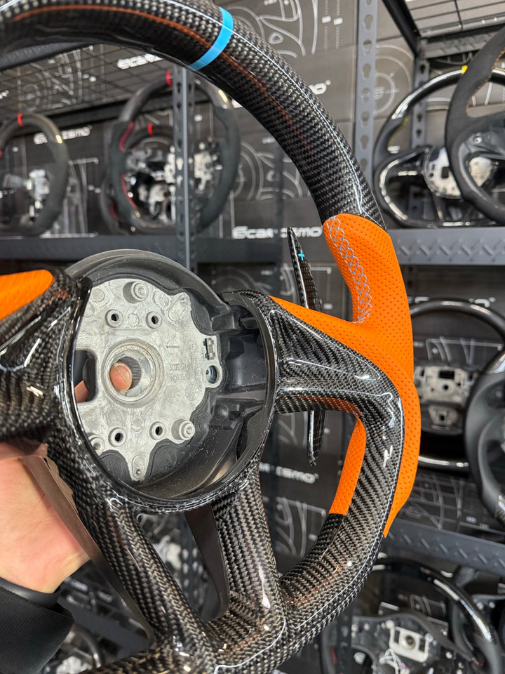 [Made to Order] McLaren Super Series - Sport - Gloss Carbon - Orange Perforated Leather - Light Blue Stitching - Light Blue Stripe