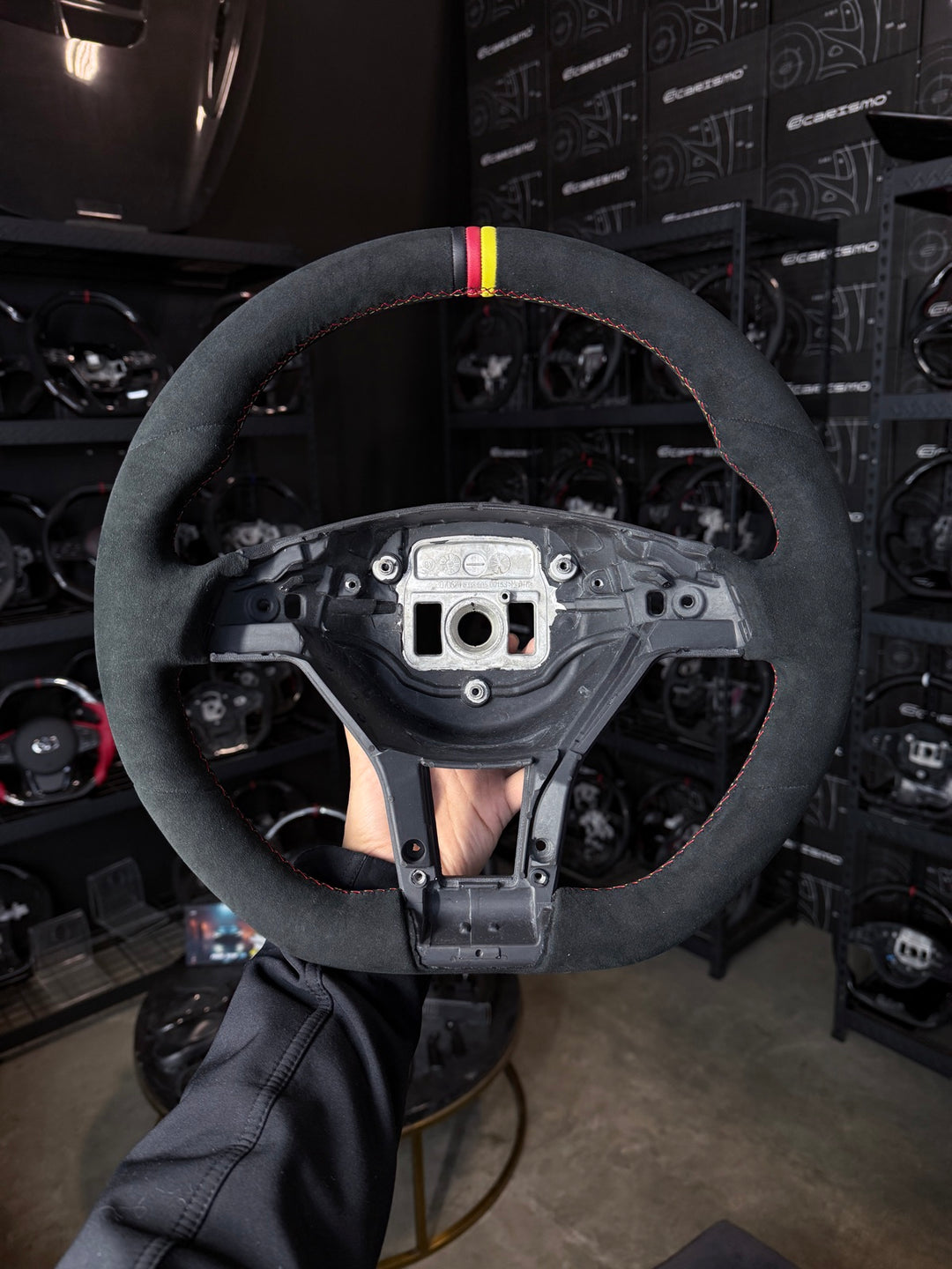[Made to Order] Mercedes/AMG (2012 AMG Performance Wheel) - OEM Shape - Full Alcantara - Alcantara - German Flag Colors Stitching - German Flag Colors Leather Stripe