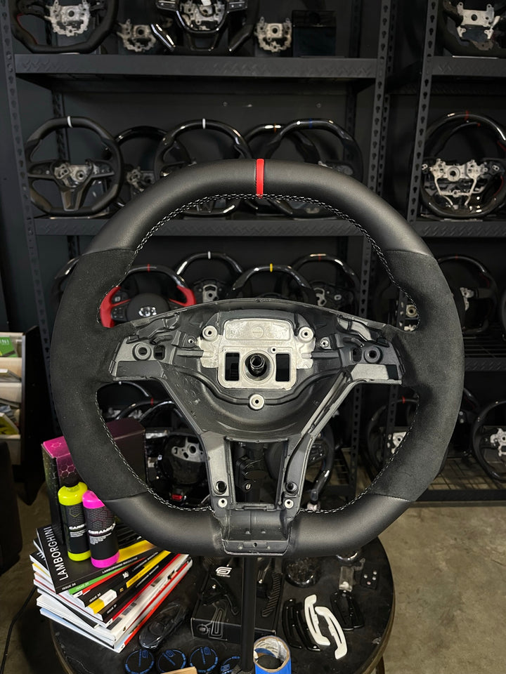 [Made to Order] Mercedes/AMG (2012 AMG Performance Wheel) - OEM Shape - No Carbon (Smooth Leather) - Alcantara - Grey Stitching - Red Smooth Leather Stripe