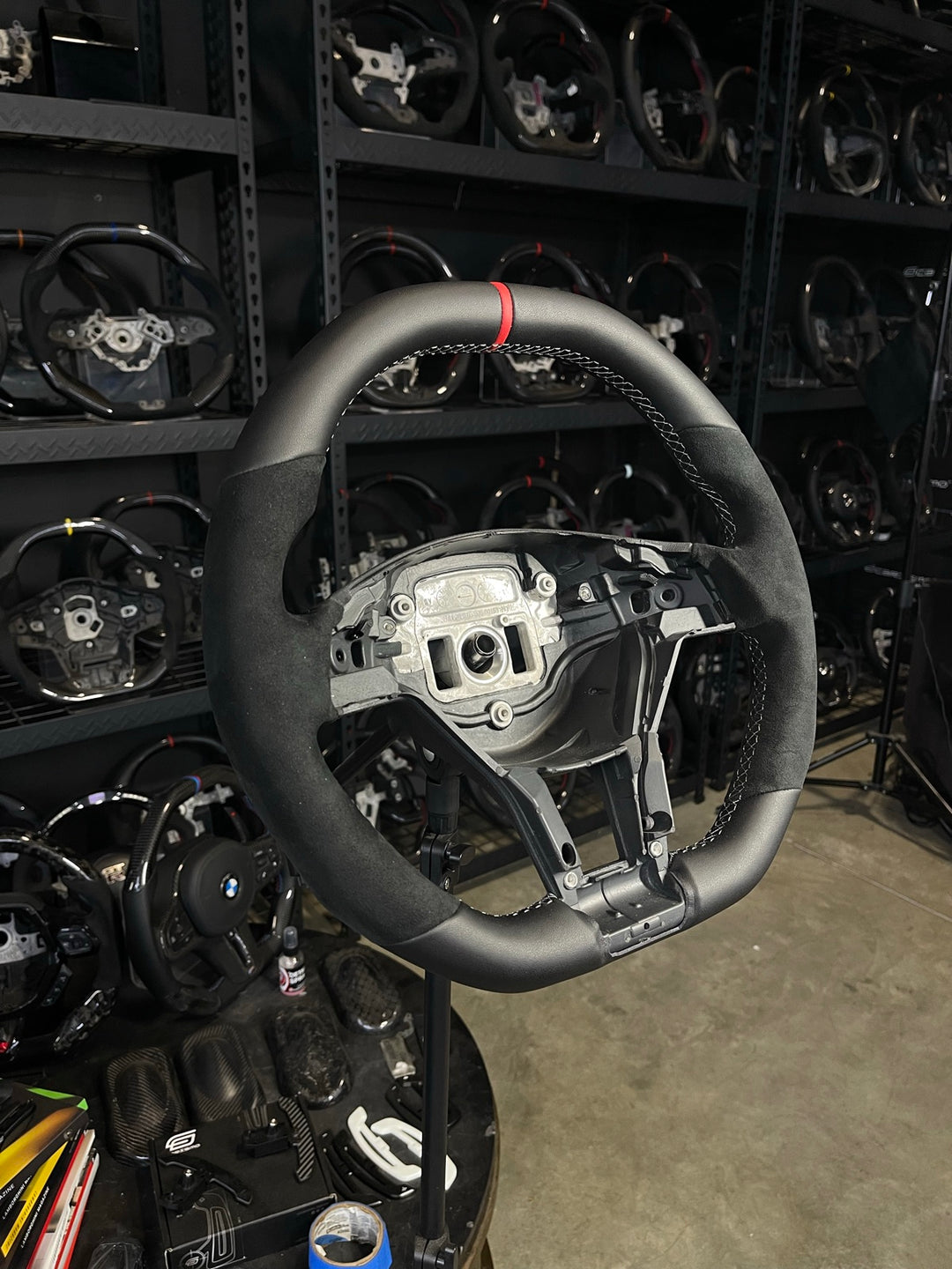 [Made to Order] Mercedes/AMG (2012 AMG Performance Wheel) - OEM Shape - No Carbon (Smooth Leather) - Alcantara - Grey Stitching - Red Smooth Leather Stripe
