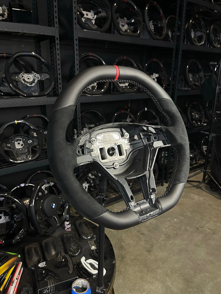 [Made to Order] Mercedes/AMG (2012 AMG Performance Wheel) - OEM Shape - No Carbon (Smooth Leather) - Alcantara - Grey Stitching - Red Smooth Leather Stripe
