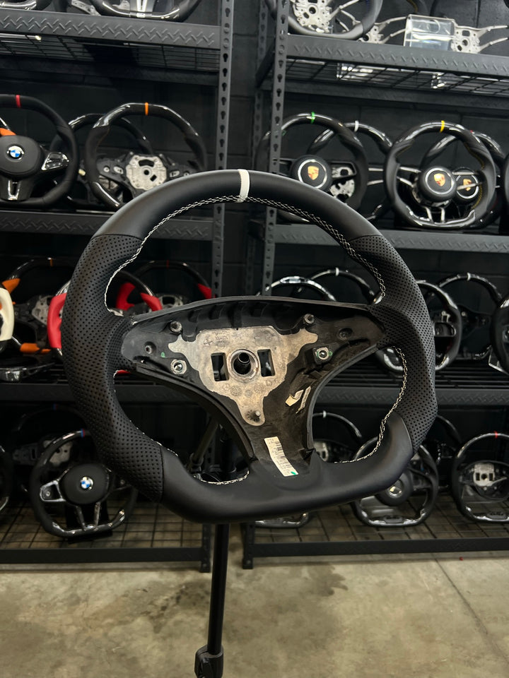 [Made to Order] Mercedes/AMG (2012 AMG Performance Wheel) - Sport - Full Leather - Perforated Leather - White Stitching - White Smooth Leather Stripe