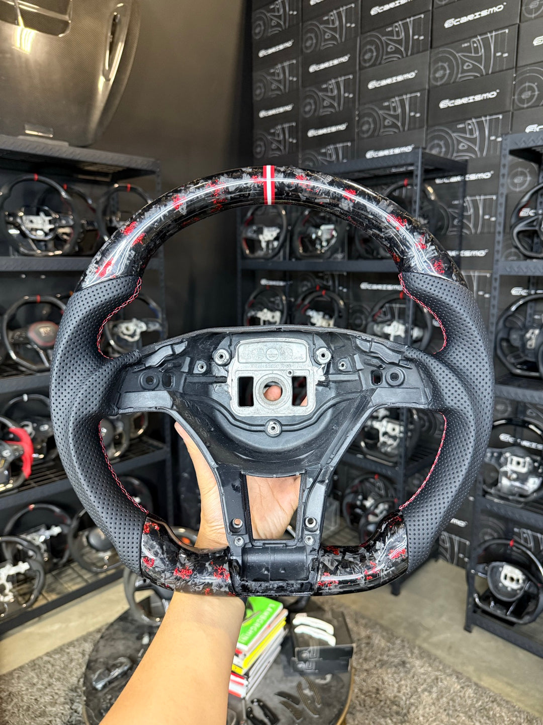 [Made to Order] Mercedes/AMG (2012 AMG Performance Wheel) - Sport - Gloss Forged Carbon with Red Flakes - Perforated Leather - Red/White/Red Stitching - Red/White/Red Stripe