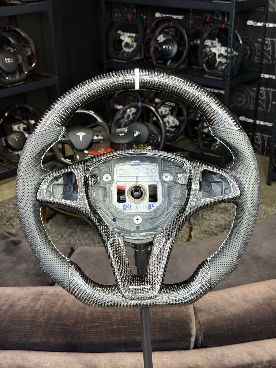[Made to Order] Mercedes/AMG (2016 Round-Bottom Wheel) - Sport - Gloss Carbon - Perforated Leather - White Stitching - White Stripe