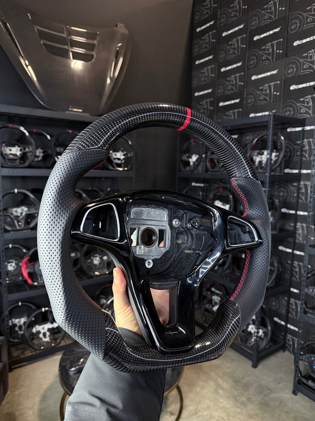 [Made to Order] Mercedes/AMG (2016 Round-Bottom Wheel) - Sport - Gloss Carbon - Perforated Leather - Red Stitching - Red Stripe