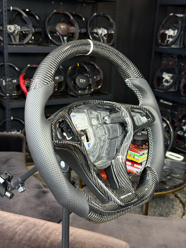 [Made to Order] Mercedes/AMG (2016 Round-Bottom Wheel) - Sport - Gloss Carbon - Perforated Leather - White Stitching - White Stripe