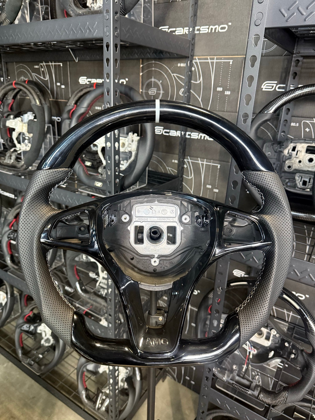 [Made to Order] Mercedes/AMG (2016 Round-Bottom Wheel) - Sport - (No Carbon) Piano Black - Perforated Leather - White Stitching - White Stripe