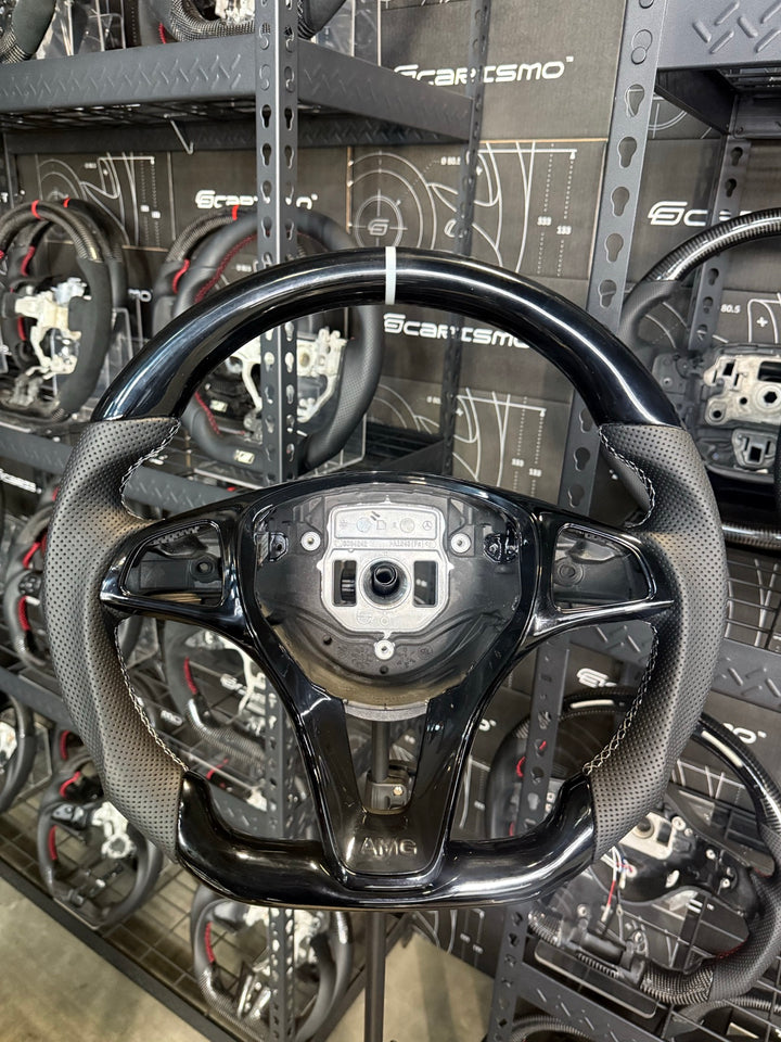 [Made to Order] Mercedes/AMG (2016 Round-Bottom Wheel) - Sport - (No Carbon) Piano Black - Perforated Leather - White Stitching - White Stripe