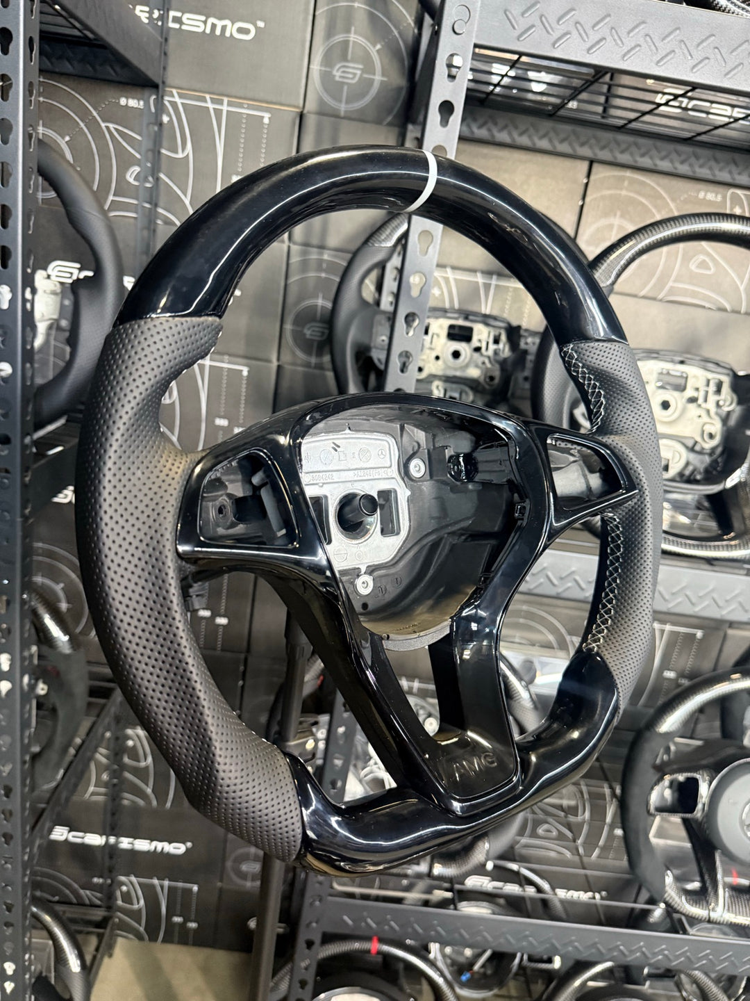 [Made to Order] Mercedes/AMG (2016 Round-Bottom Wheel) - Sport - (No Carbon) Piano Black - Perforated Leather - White Stitching - White Stripe