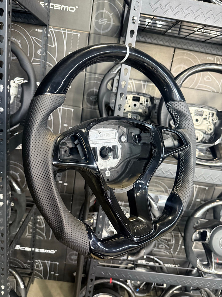 [Made to Order] Mercedes/AMG (2016 Round-Bottom Wheel) - Sport - (No Carbon) Piano Black - Perforated Leather - White Stitching - White Stripe