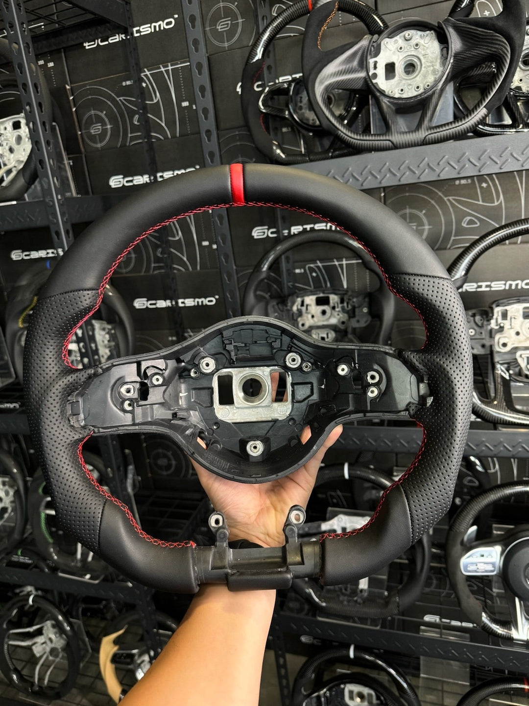 [Made to Order] Mercedes/AMG (2020 AMG Performance Wheel) - Sport - (Full Leather) Smooth Leather - Perforated Leather - Red Stitching - Red Smooth Leather Stripe
