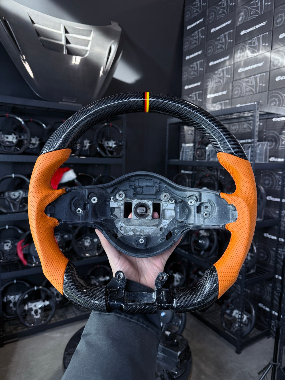 [Made to Order] Mercedes/AMG (2020 AMG Performance Wheel) - Sport - Gloss Carbon - Orange Perforated Leather - Orange Stitching - German Flag Colors Stripe