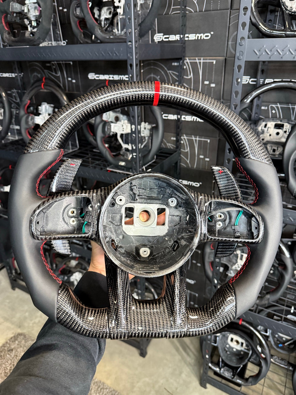 [Made to Order] Mercedes/AMG (2020 AMG Performance Wheel) - Sport - Gloss Carbon - Smooth Leather - Red Stitching - Red Stripe