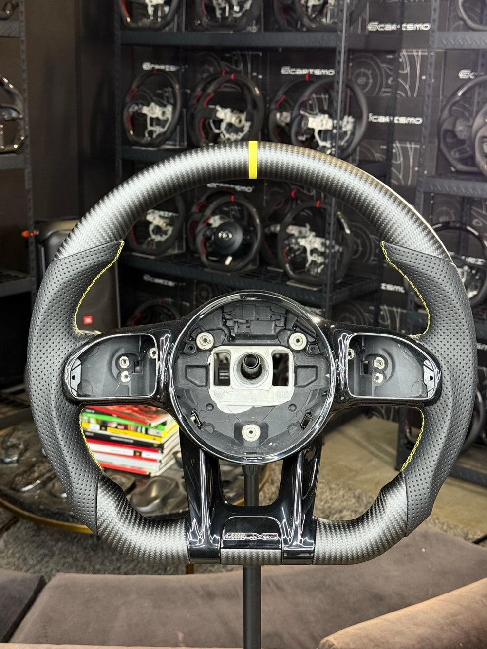 [Made to Order] Mercedes/AMG (2020 AMG Performance Wheel) - Sport - Matte Carbon - Perforated Leather - Yellow Stitching - Yellow Stripe
