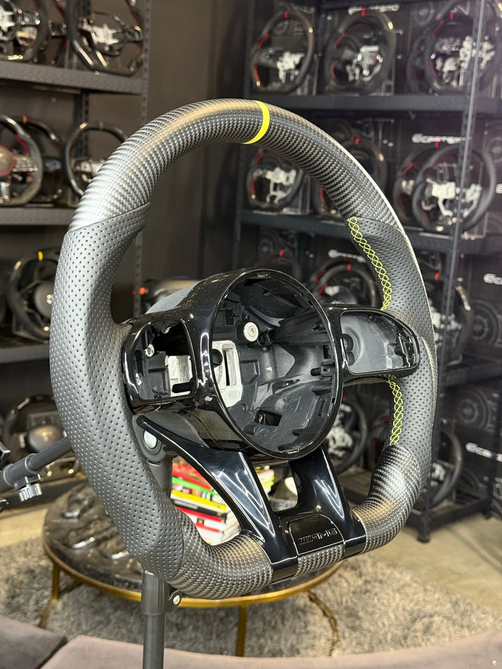 [Made to Order] Mercedes/AMG (2020 AMG Performance Wheel) - Sport - Matte Carbon - Perforated Leather - Yellow Stitching - Yellow Stripe