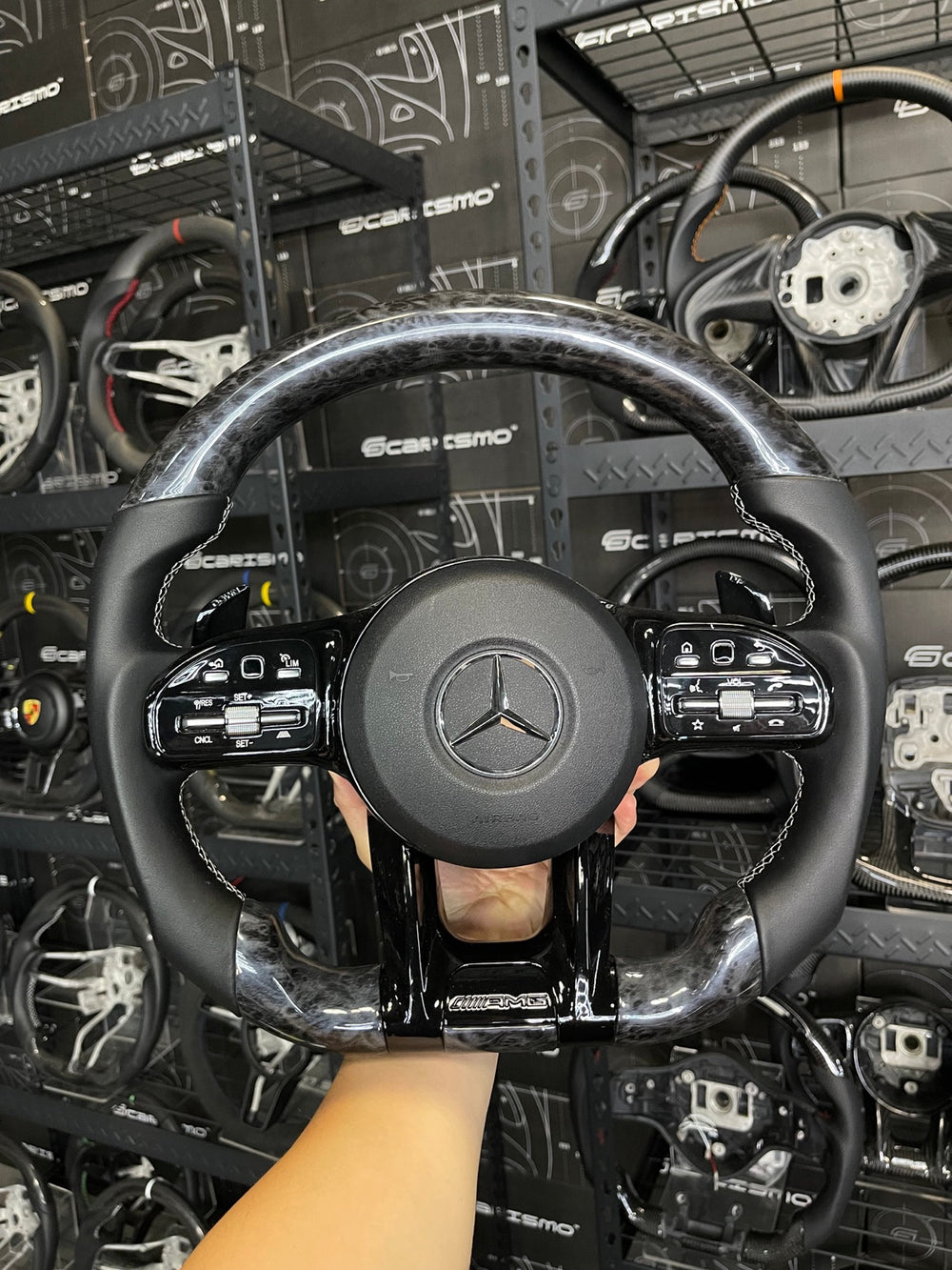 [Made to Order] Mercedes/AMG (2020 AMG Performance Wheel) - Sport - (No Carbon) Dark Wood Grain - Smooth Leather - White Stitching - No Stripe