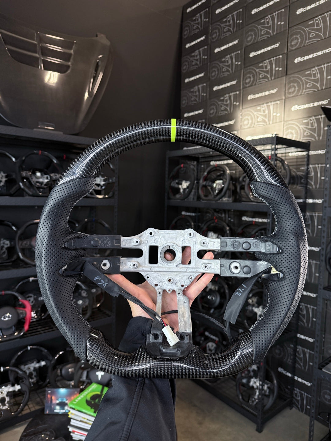 [Made to Order] Mercedes/AMG (2022 AMG Performance Wheel) - Sport - Gloss Carbon - Perforated Leather - Lime Green Stitching - Lime Green Stripe