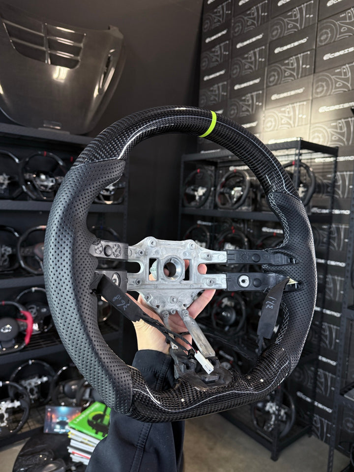 [Made to Order] Mercedes/AMG (2022 AMG Performance Wheel) - Sport - Gloss Carbon - Perforated Leather - Lime Green Stitching - Lime Green Stripe