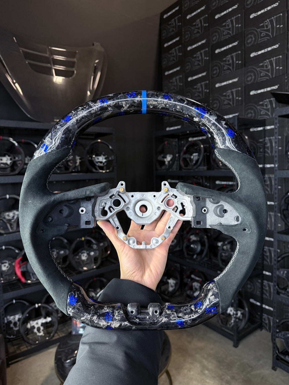 [Made to Order] Nissan GT-R (R35 EBA) - Sport - Gloss Forged Carbon with Blue Flakes - Alcantara - White Stitching - Blue Stripe