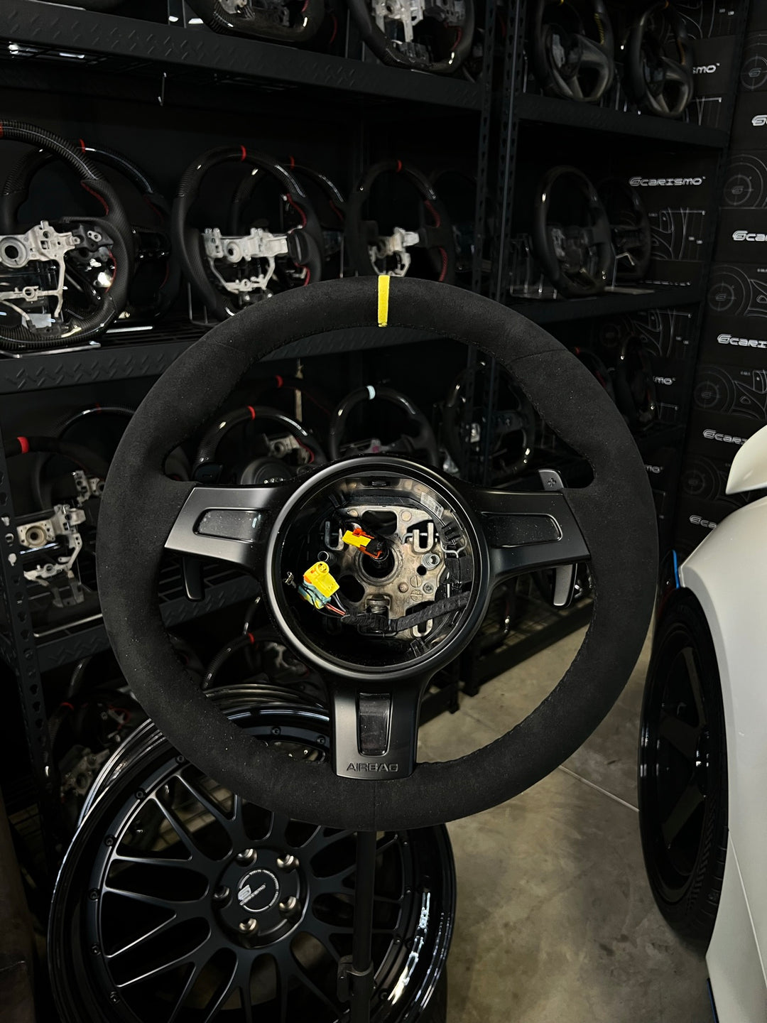[Made to Order] Porsche (991.1 Wheel) - OEM Shape - (Full Alcantara) Alcantara - Alcantara - Black Stitching - Yellow Alcantara Stripe
