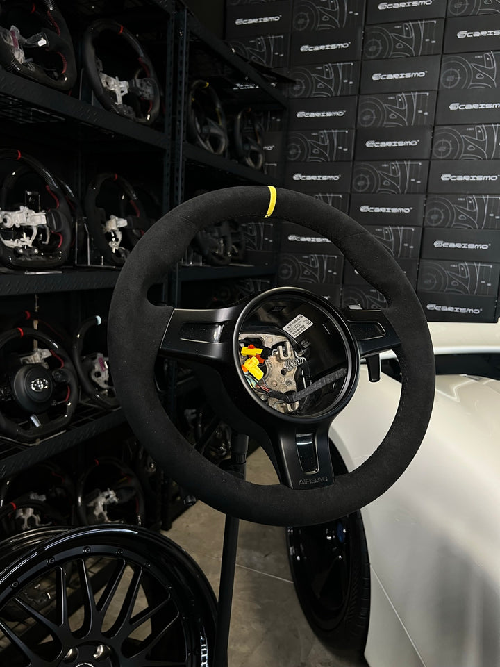 [Made to Order] Porsche (991.1 Wheel) - OEM Shape - (Full Alcantara) Alcantara - Alcantara - Black Stitching - Yellow Alcantara Stripe