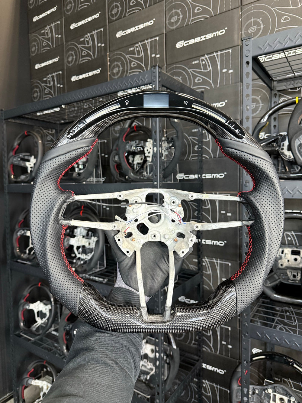 [Made to Order] Porsche (991.2 Wheel) - Classic RPM LED - Gloss Plain Carbon - Perforated Leather - Red Stitching - No Stripe