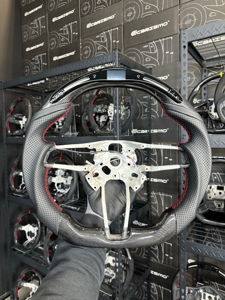 [Made to Order] Porsche (991.2 Wheel) - Classic RPM LED - Gloss Plain Carbon - Perforated Leather - Red Stitching - No Stripe