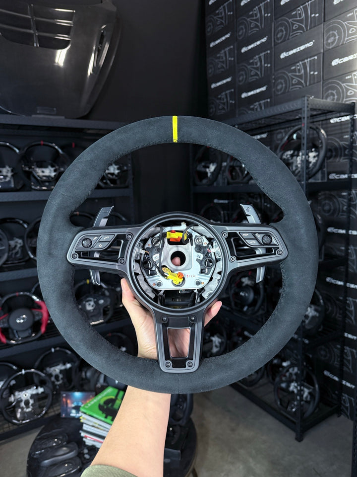 [Made to Order] Porsche (991.2 Wheel) - OEM Shape - Full Alcantara - Alcantara - Black Stitching - Yellow Smooth Leather Stripe