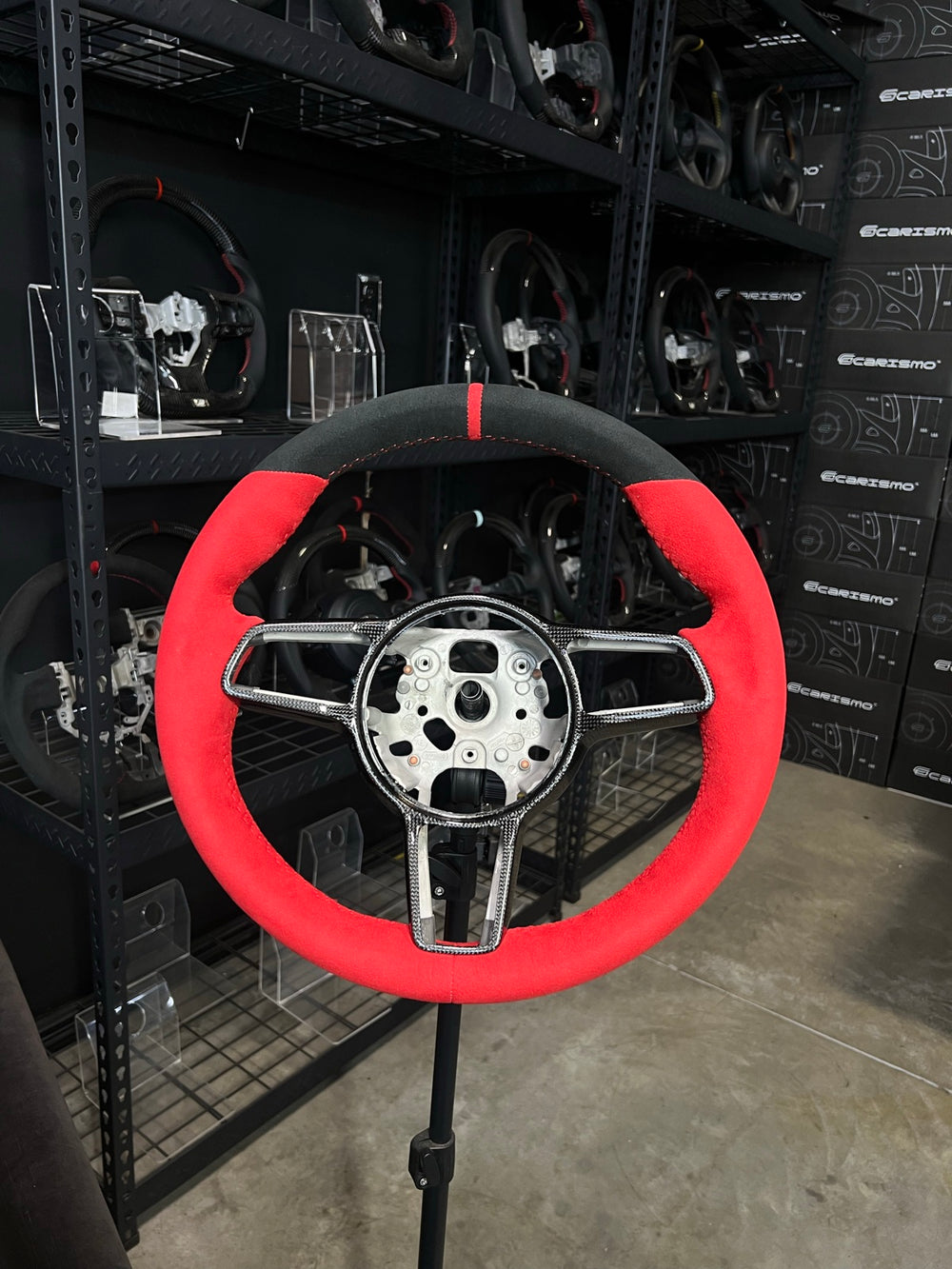 [Made to Order] Porsche (991.2 Wheel) - OEM Shape - (Full Alcantara) Alcantara - Red Alcantara - Red Stitching - Red Alcantara Stripe