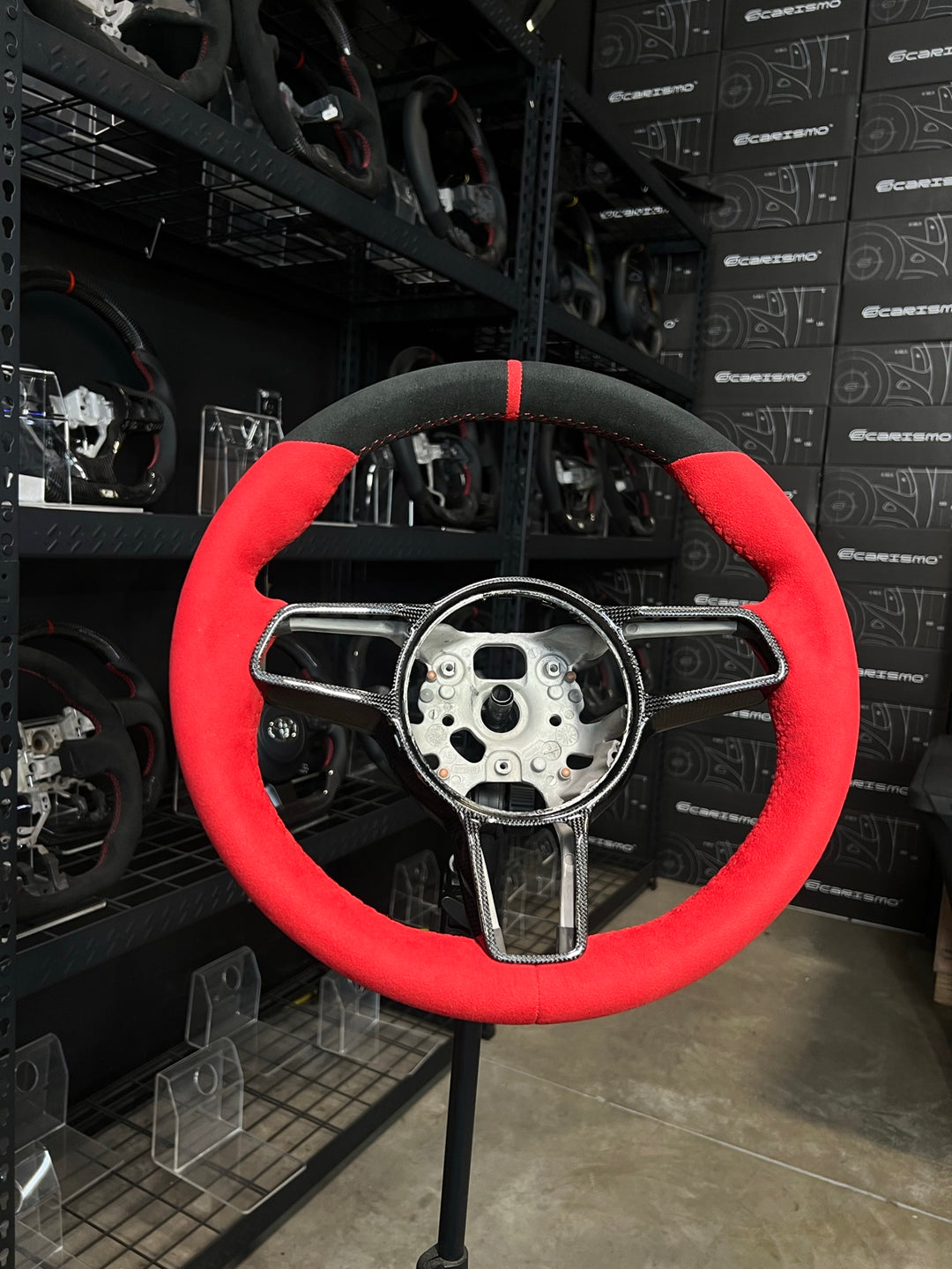 [Made to Order] Porsche (991.2 Wheel) - OEM Shape - (Full Alcantara) Alcantara - Red Alcantara - Red Stitching - Red Alcantara Stripe