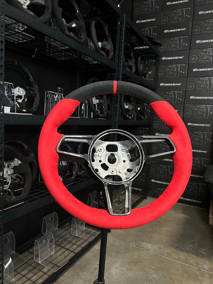 [Made to Order] Porsche (991.2 Wheel) - OEM Shape - (Full Alcantara) Alcantara - Red Alcantara - Red Stitching - Red Alcantara Stripe