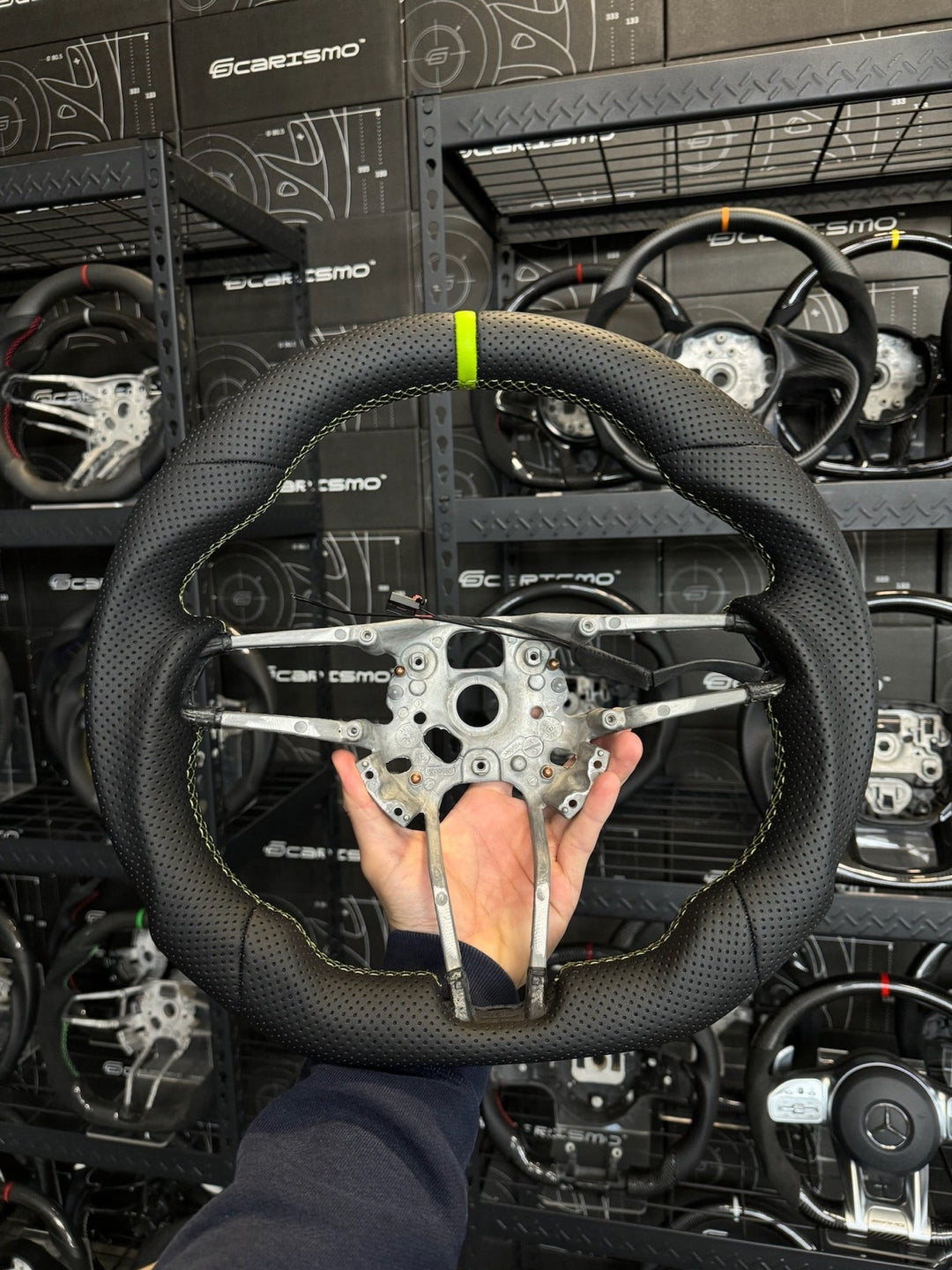 [Made to Order] Porsche (991.2 Wheel) - Sport - (Full Leather) Perforated Leather - Perforated Leather - Lime Green Stitching - Lime Green Smooth Leather Stripe
