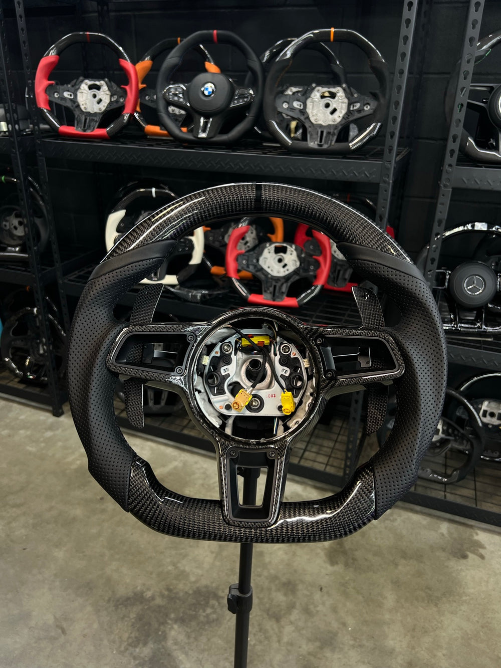 [Made to Order] Porsche (991.2 Wheel) - Sport - Gloss Carbon - Perforated Leather - Black Stitching - Black Stripe