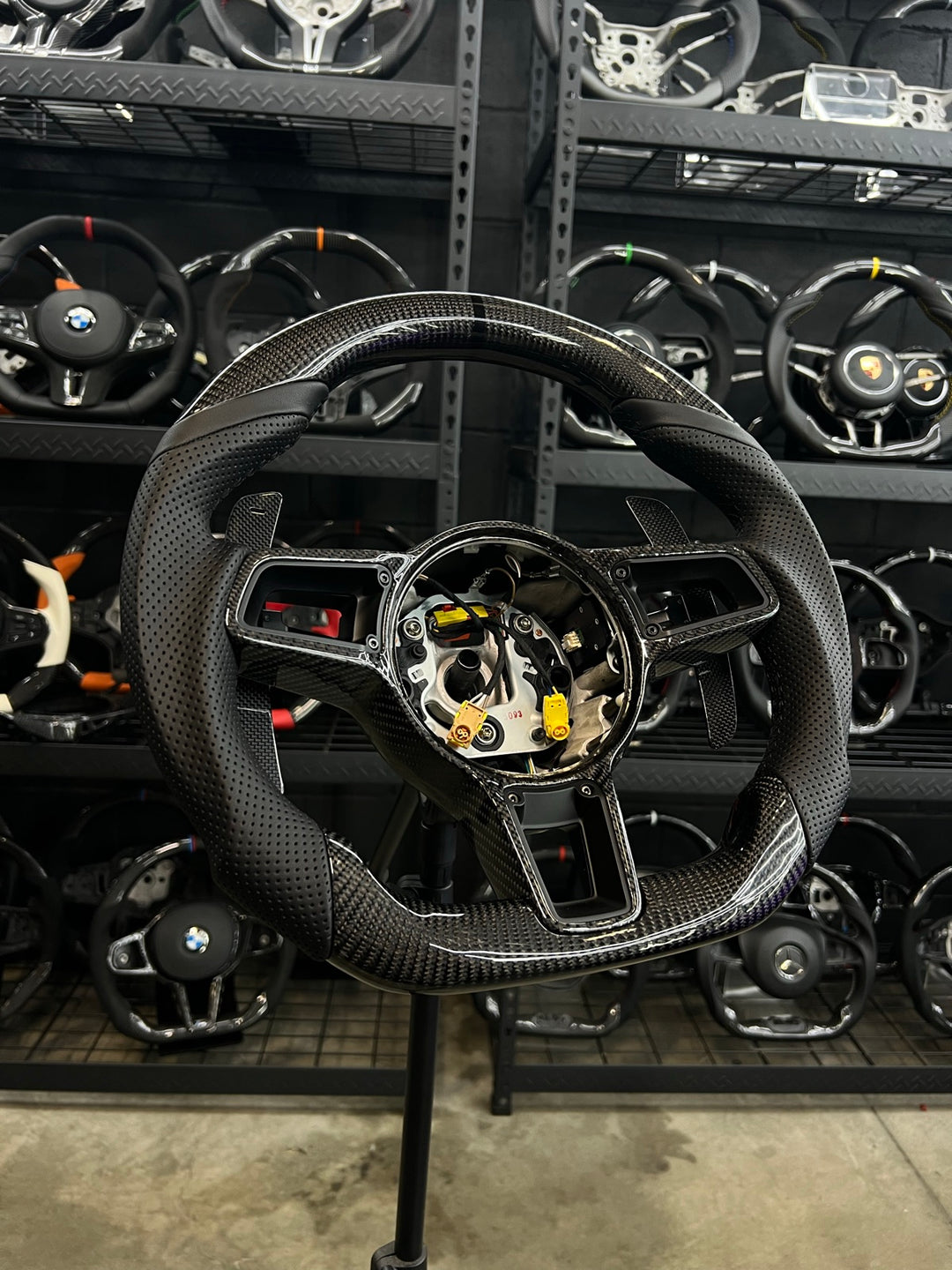 [Made to Order] Porsche (991.2 Wheel) - Sport - Gloss Carbon - Perforated Leather - Black Stitching - Black Stripe