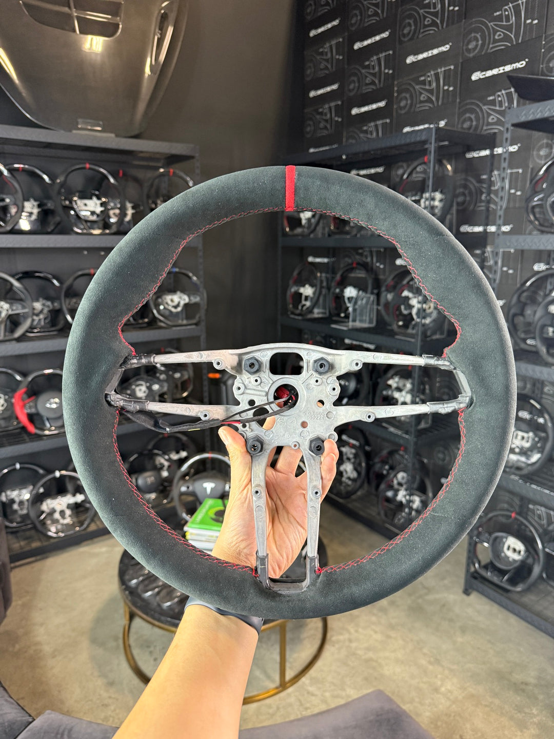[Made to Order] Porsche (992.1 Wheel) - OEM Shape - Full Alcantara - Alcantara - Red Stitching - Red Alcantara Stripe