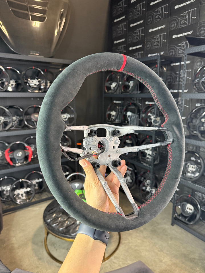 [Made to Order] Porsche (992.1 Wheel) - OEM Shape - Full Alcantara - Alcantara - Red Stitching - Red Alcantara Stripe
