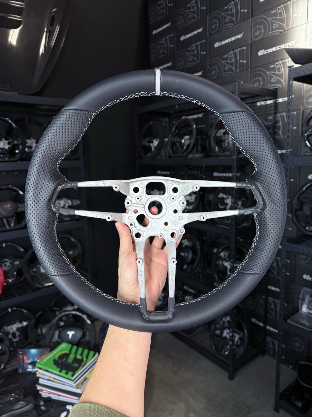 [Made to Order] Porsche (992.1 Wheel) - OEM Shape - (Full Leather) Smooth Leather - Perforated Leather - White Stitching - White Smooth Leather Stripe