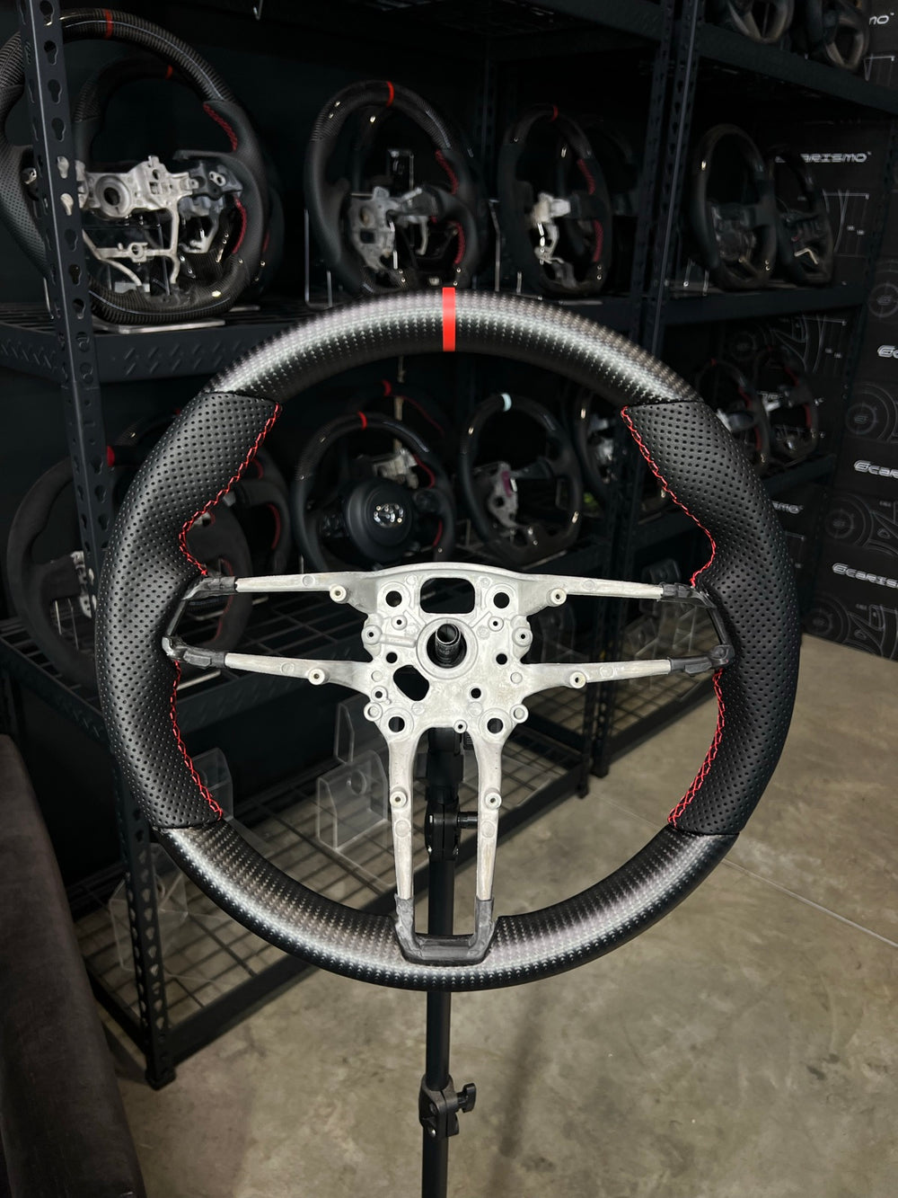 [Made to Order] Porsche (992.1 Wheel) - OEM Shape - Matte Carbon - Perforated Leather - Red Stitching - Red Stripe