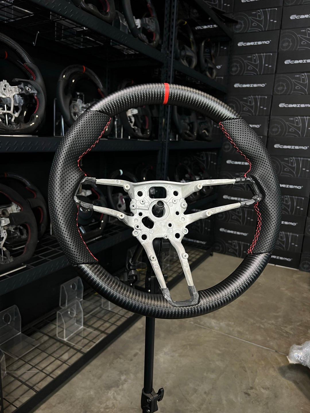 [Made to Order] Porsche (992.1 Wheel) - OEM Shape - Matte Carbon - Perforated Leather - Red Stitching - Red Stripe