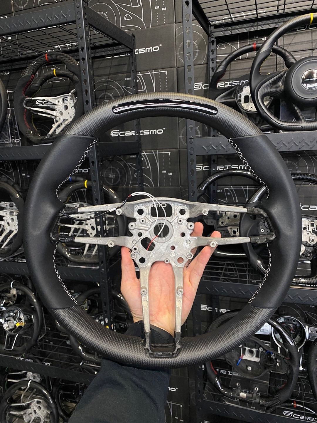 [Made to Order] Porsche (992.1 Wheel) - Sequential RPM LED - Matte Plain Carbon - Smooth Leather - Grey Stitching - No Stripe