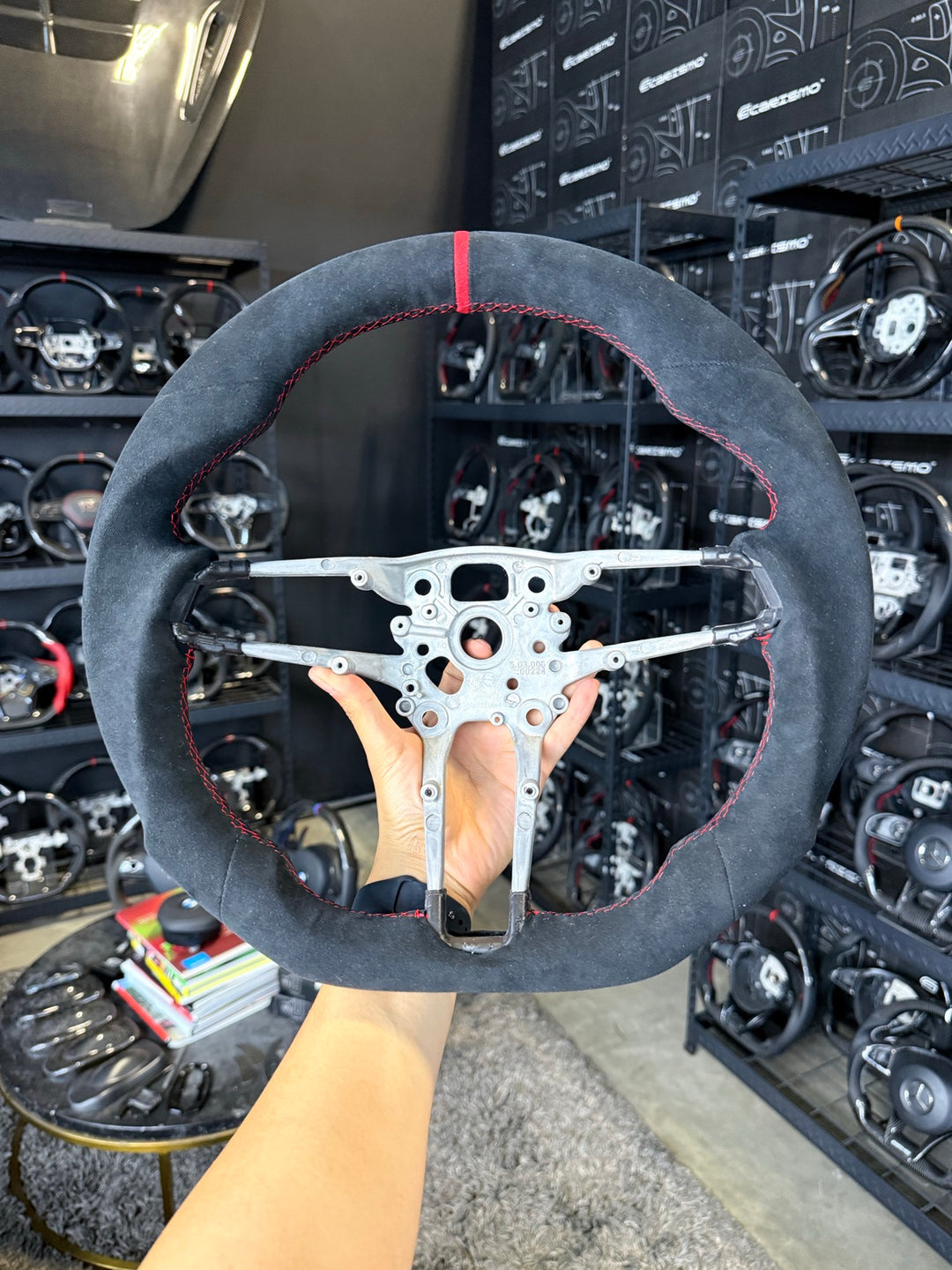 [Made to Order] Porsche (992.1 Wheel) - Sport - (Full Alcantara) Alcantara - Alcantara - Red Stitching - Red Alcantara Stripe