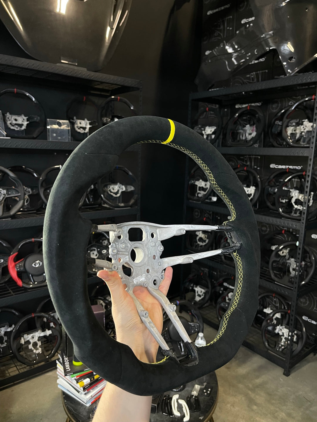 [Made to Order] Porsche (992.1 Wheel) - Sport - (Full Alcantara) Alcantara - Alcantara - Yellow Stitching - Yellow Alcantara Stripe