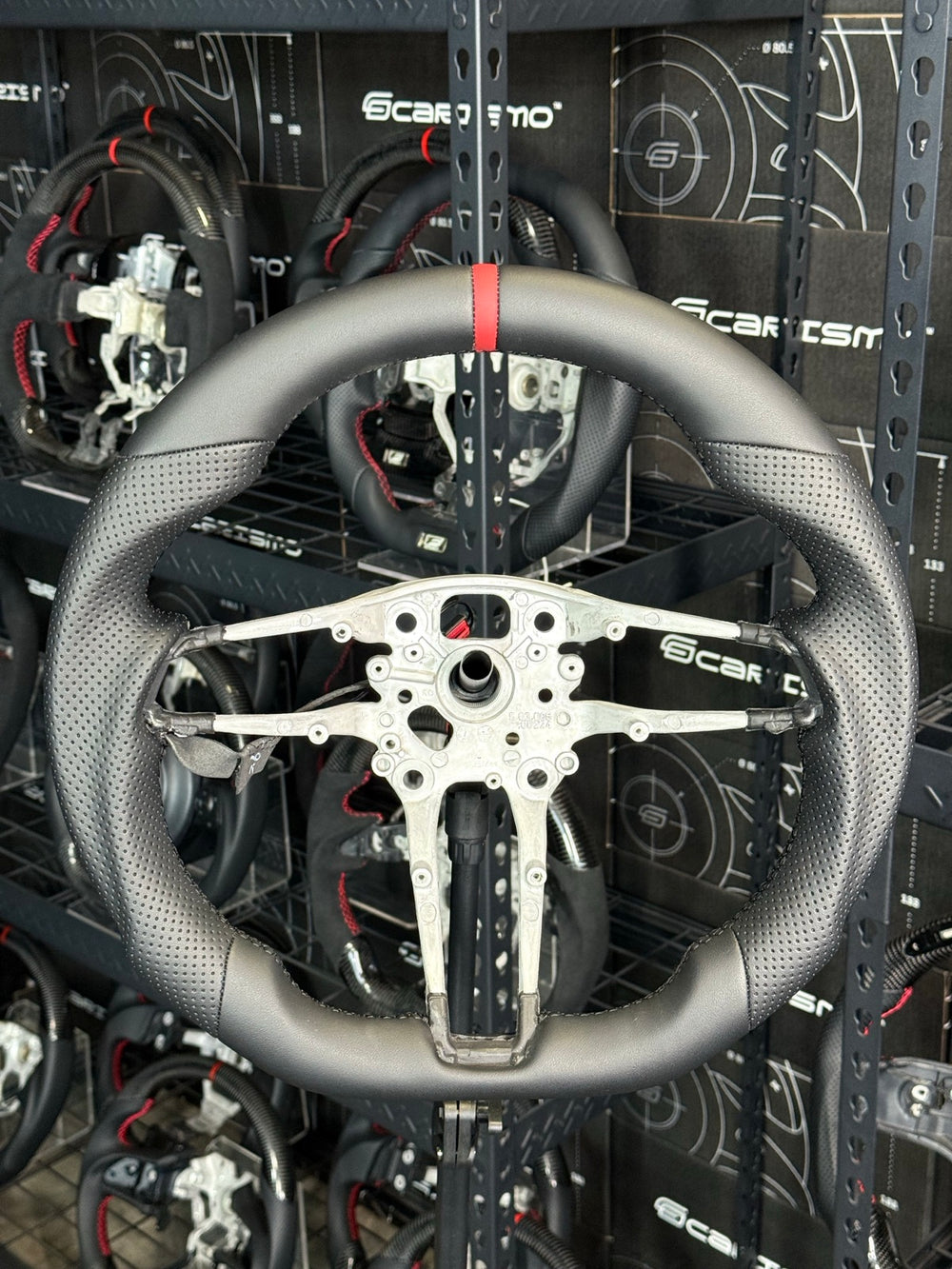 [Made to Order] Porsche (992.1 Wheel) - Sport - (Full Leather) Smooth Leather - Perforated Leather - Black Stitching - Red Smooth Leather Stripe
