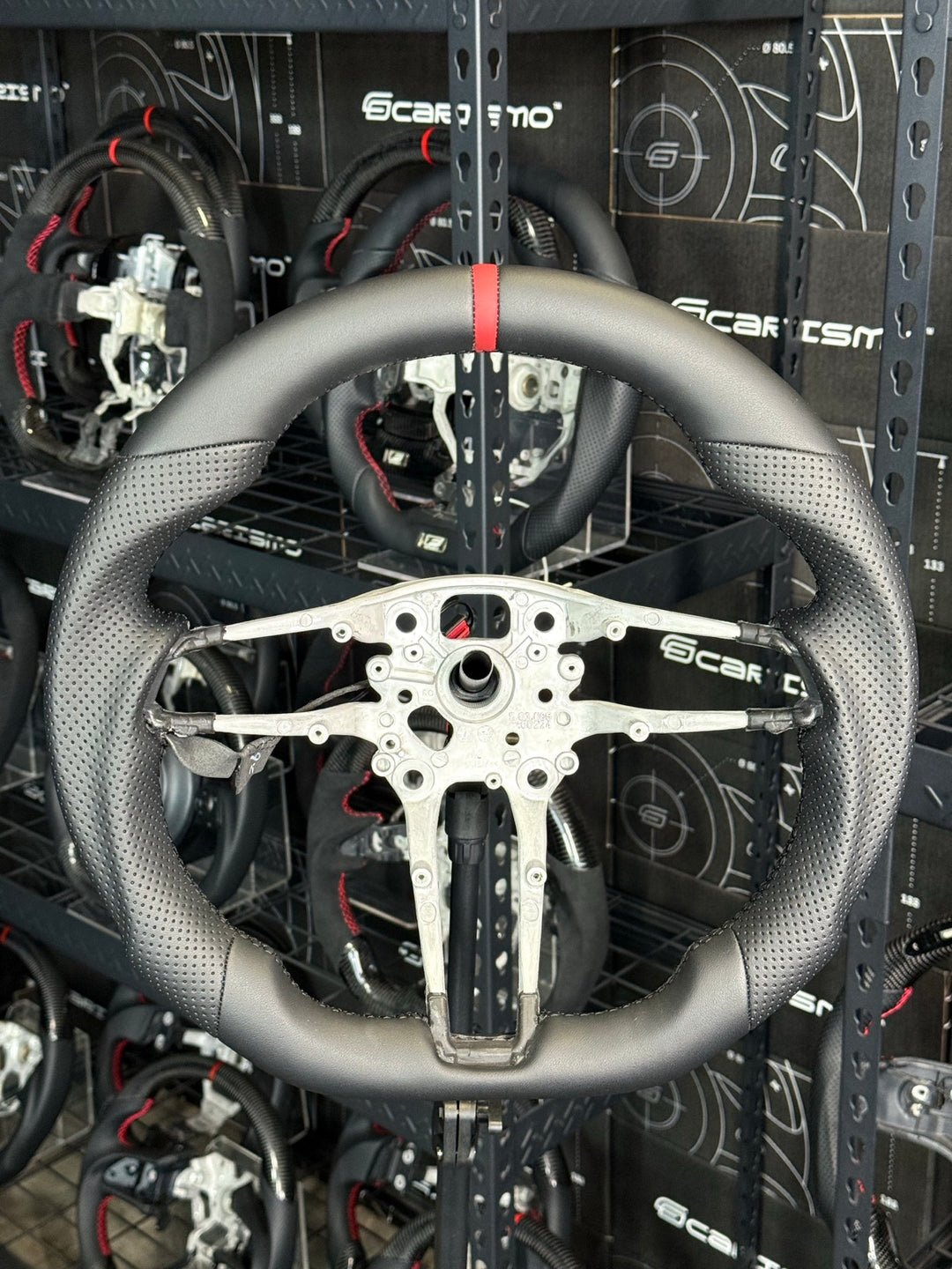 [Made to Order] Porsche (992.1 Wheel) - Sport - (Full Leather) Smooth Leather - Perforated Leather - Black Stitching - Red Smooth Leather Stripe